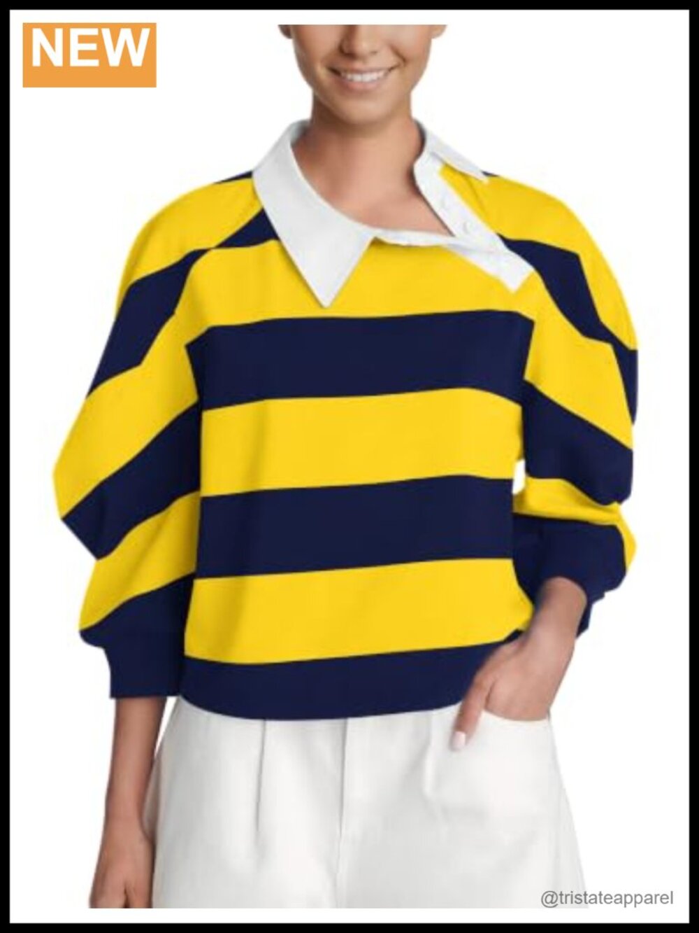 Striped Asymmetric Rugby Shirt Balloon Sleeve Polo